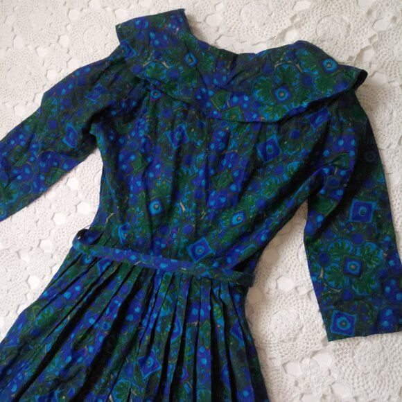 Vtg 50s 60s Midi Dress Fit Flare Blue Green Floral Shawl Collar Belted XS Women - Picture 7 of 7